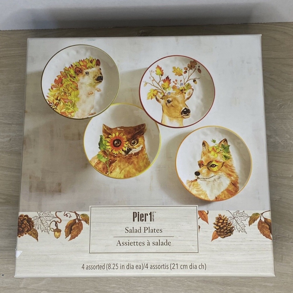 Pier 1~Fall Woodland Animals Set of 4~Salad Plates~New Open Box Hand Painted